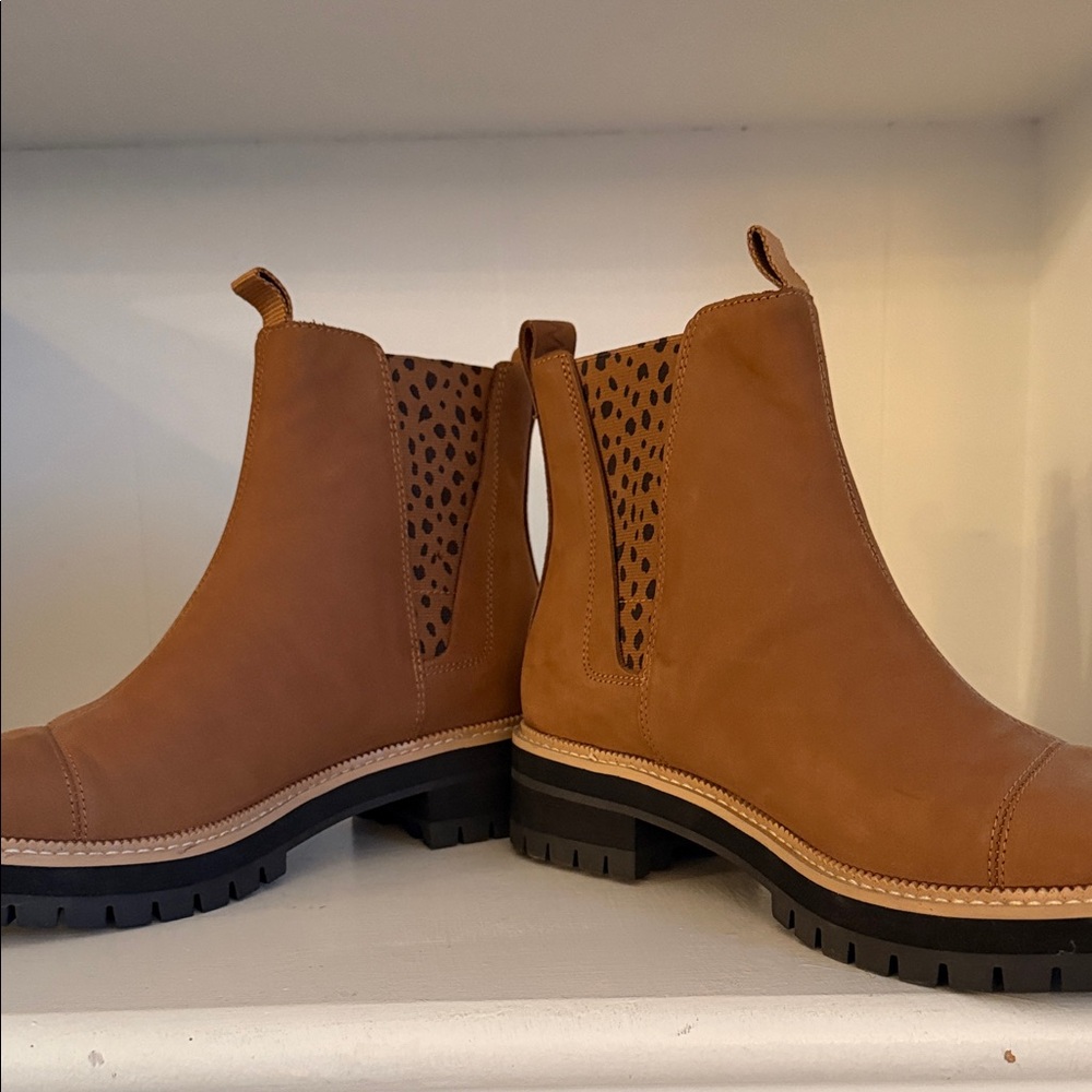 Toms Tan Ankle Boots with Leopard Accent
